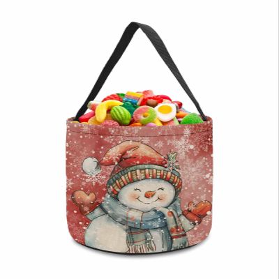 ZFUNCING 2 Pieces Halloween Trick or Treat Candy Bags,Merry Christmas Winter Snowman Holly Reusable Goody Bucket Collapsible Candy Tote Bag for Holiday Gift Basket Party Favor,White Snowflake on Red