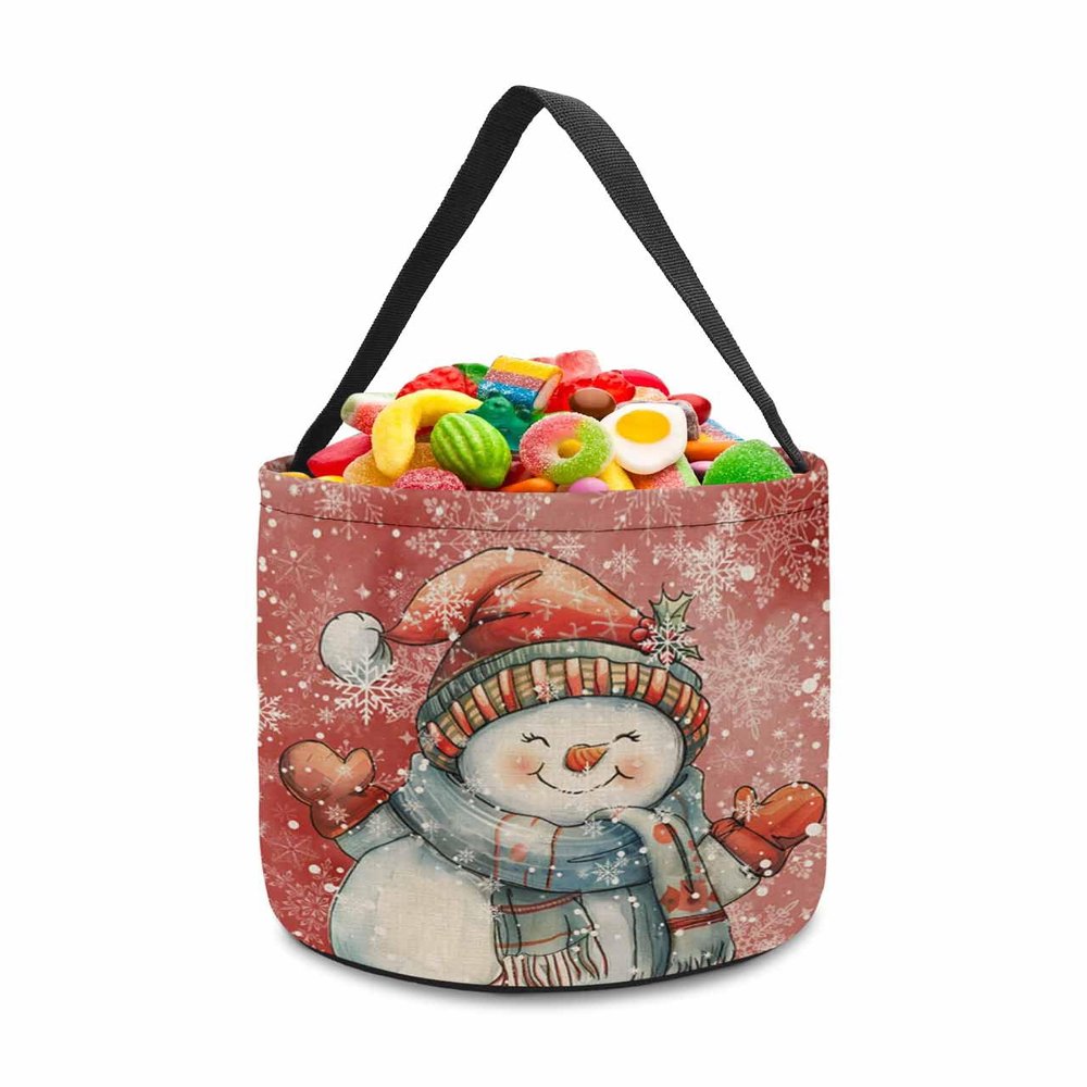 ZFUNCING 2 Pieces Halloween Trick or Treat Candy Bags,Merry Christmas Winter Snowman Holly Reusable Goody Bucket Collapsible Candy Tote Bag for Holiday Gift Basket Party Favor,White Snowflake on Red