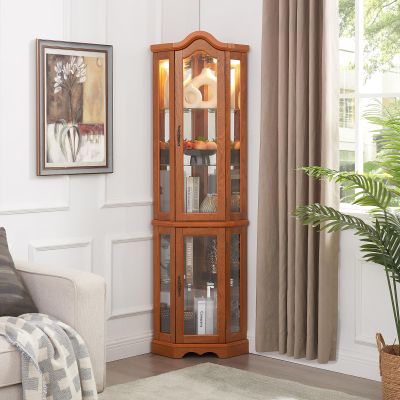 Lighted Corner Display Curio Cabinet, 5-Tier Curio Showcase Floor Stand Collection Art Display Case with Adjustable Glass Shelves, Corner Curio Storage Rack with Bulb, for Living Room, Bedroom, OAK