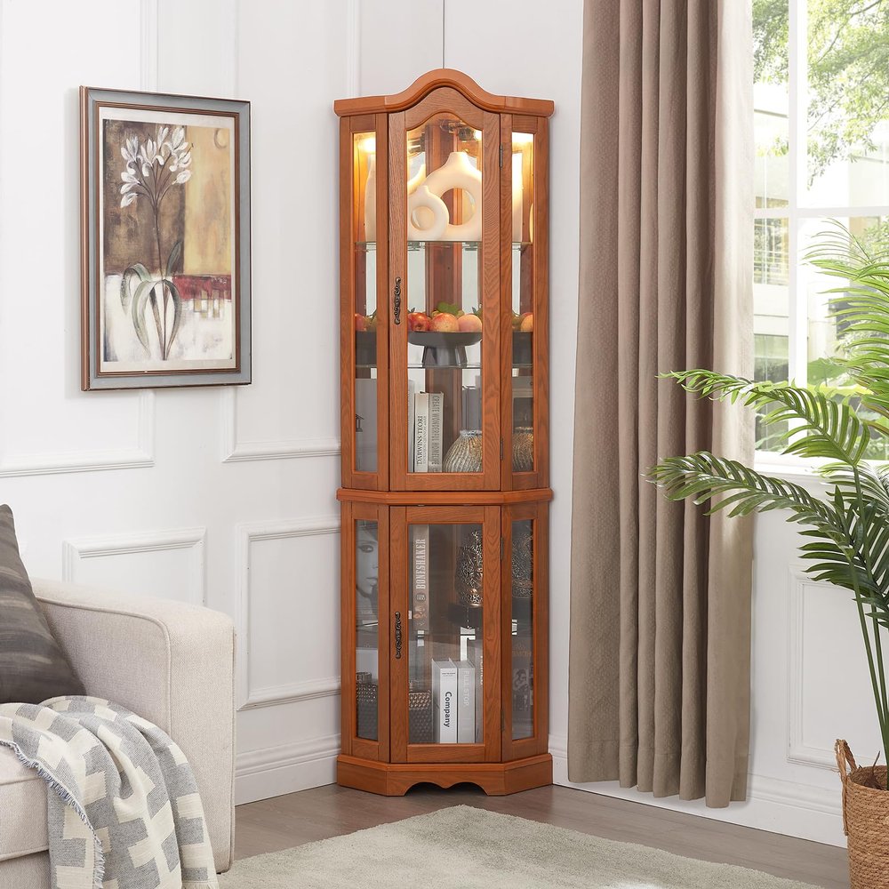 Lighted Corner Display Curio Cabinet, 5-Tier Curio Showcase Floor Stand Collection Art Display Case with Adjustable Glass Shelves, Corner Curio Storage Rack with Bulb, for Living Room, Bedroom, OAK