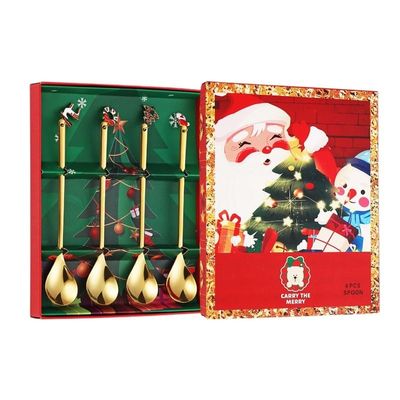 Stainless Steel Christmas Spoon for Home 4 Pieces Xmas Decorative Pendants Stirring Utensils for Coffee Tea Drinking Festival Everyday Use (Four-piece set of punched pendant spoon (gift box))