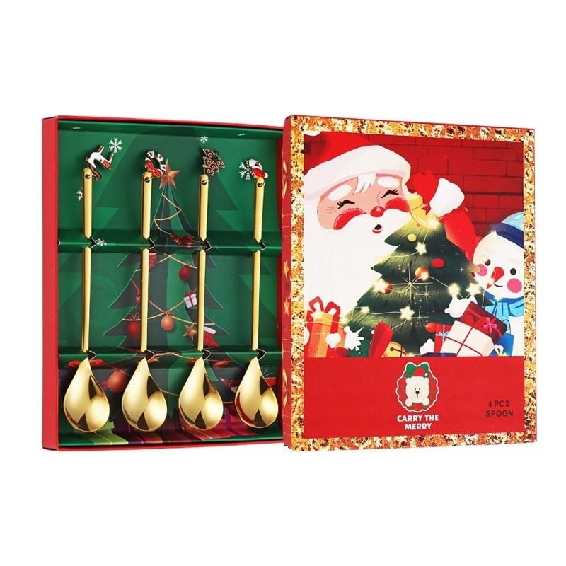 Stainless Steel Christmas Spoon for Home 4 Pieces Xmas Decorative Pendants Stirring Utensils for Coffee Tea Drinking Festival Everyday Use (Four-piece set of punched pendant spoon (gift box))