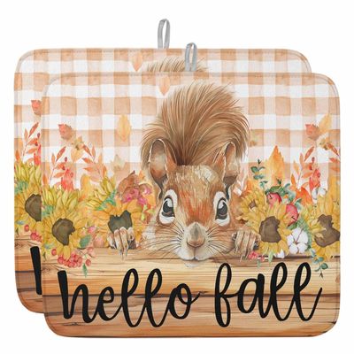 2 Pack Dish Drying Mats,Thanksgiving Harvest Pumpkin Squirrel Super Absorbent Microfiber Dishes Drainer Mat Sunflower Lattice Wood Barn Reversible Drying Rack Pads for Kitchen Counter Sink