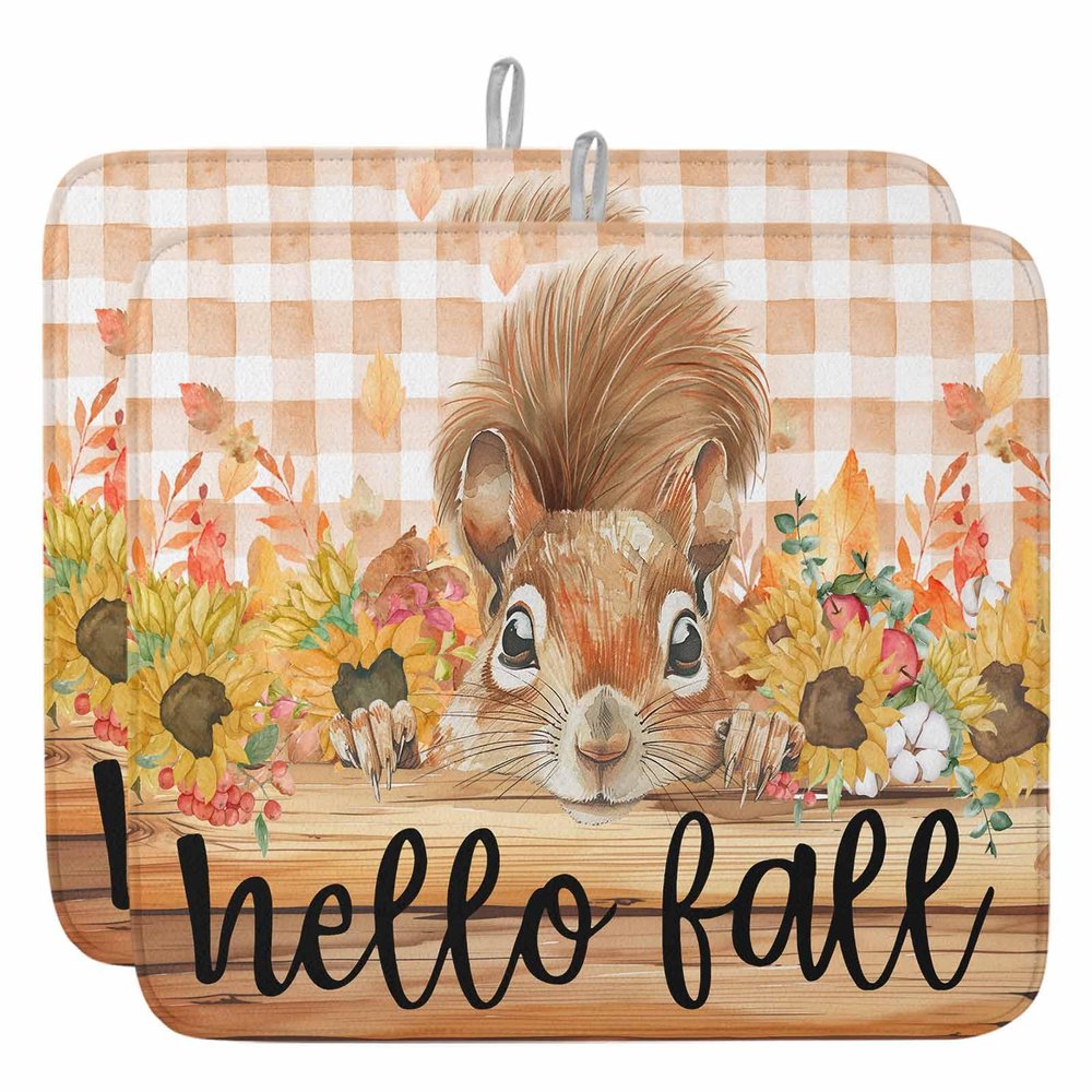 2 Pack Dish Drying Mats,Thanksgiving Harvest Pumpkin Squirrel Super Absorbent Microfiber Dishes Drainer Mat Sunflower Lattice Wood Barn Reversible Drying Rack Pads for Kitchen Counter Sink