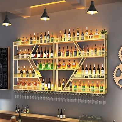HFTUW Modern Wall Mounted Wine Rack w/LED Light, Metal Wall Bar Shelves Wall Mounted w/Glass Holder, Large Liquor Shelf for Liquor Bottles for Home Bar & Dining Room(Gold-Yellow Led, 79in/200cm)