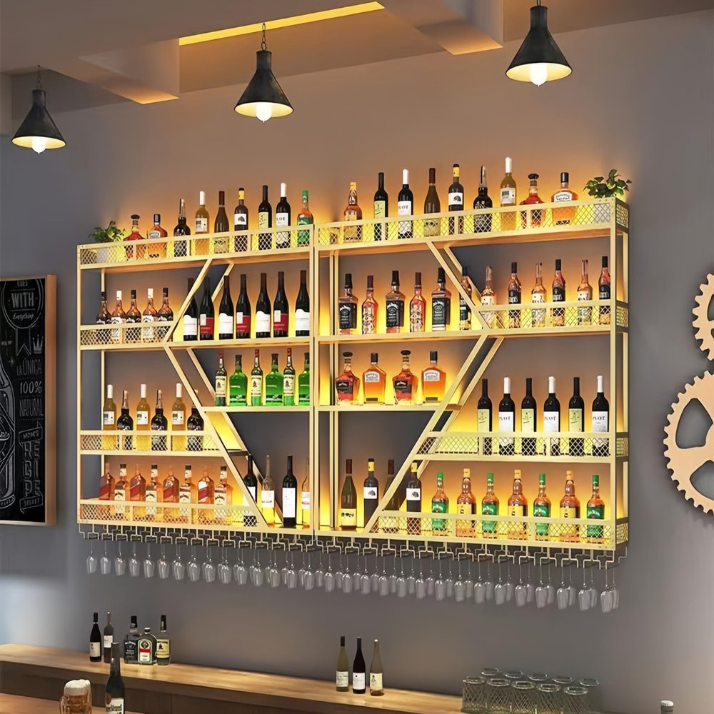 HFTUW Modern Wall Mounted Wine Rack w/LED Light, Metal Wall Bar Shelves Wall Mounted w/Glass Holder, Large Liquor Shelf for Liquor Bottles for Home Bar & Dining Room(Gold-Yellow Led, 79in/200cm)