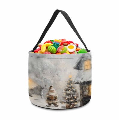 Halloween Trick or Treat Candy Bag,Christmas Gnome Snowy House Oil Painting Candy Tote Bag Reusable Portable Candy Bucket,Xmas Tree Forest Snow Scene Goody Bags with Handle for Party Gift Basket