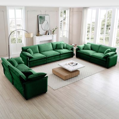 Aoowow 3 Pieces Modular Sectional Sofa Set with 3-Seater Couch and 2 Loveseat Sofa,Modern Corduroy Comfy Cloud Deep Seat Couches Set with Throw Pillows and Arm Pillows for Living Room Apartment(Green)
