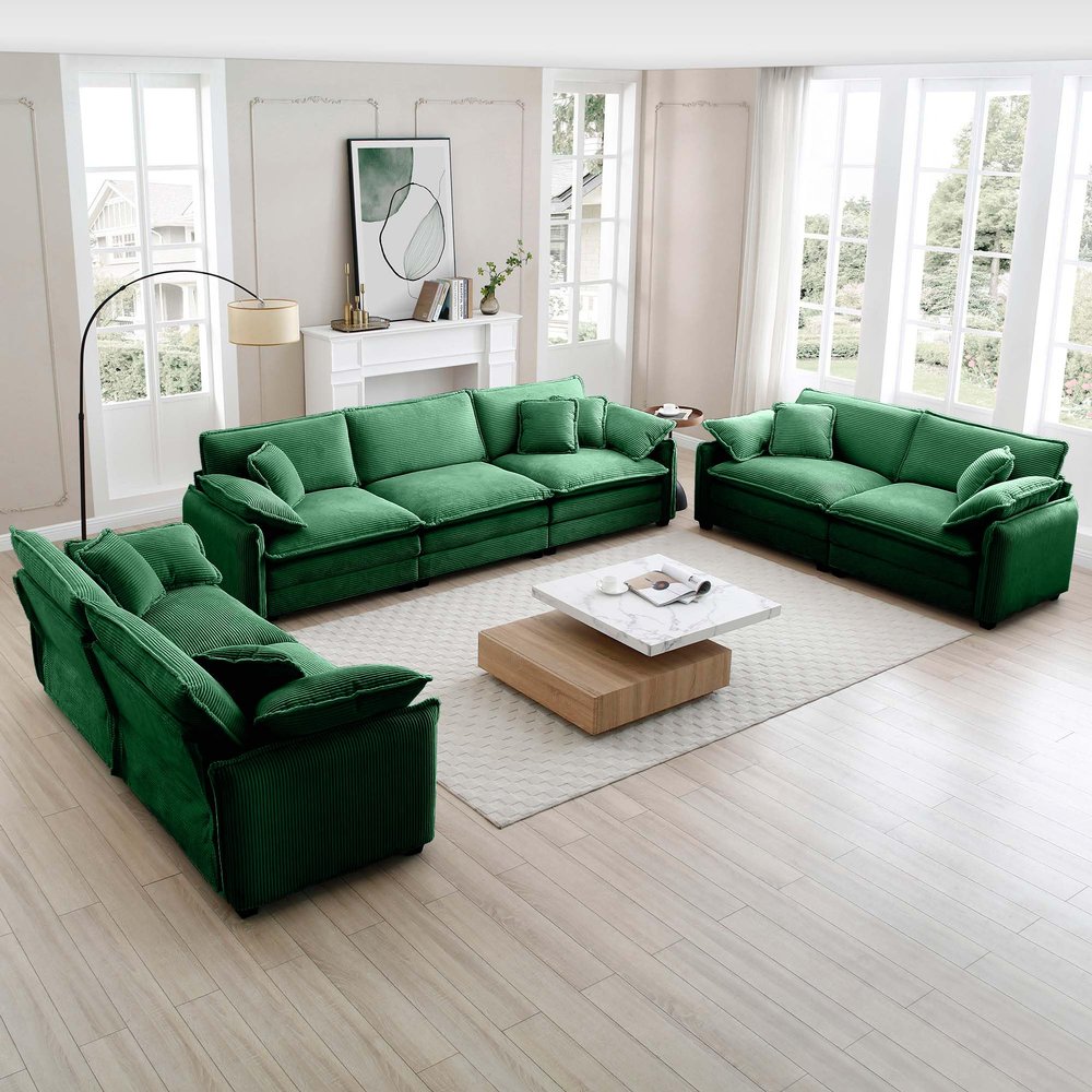 Aoowow 3 Pieces Modular Sectional Sofa Set with 3-Seater Couch and 2 Loveseat Sofa,Modern Corduroy Comfy Cloud Deep Seat Couches Set with Throw Pillows and Arm Pillows for Living Room Apartment(Green)