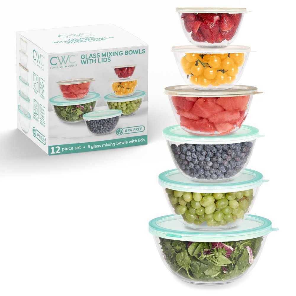 COOK WITH COLOR 12 Pc Glass Mixing Bowl Set with Lids  Borosilicate Glass Nesting Bowls for Cooking, Baking and Meal Prep, Mint