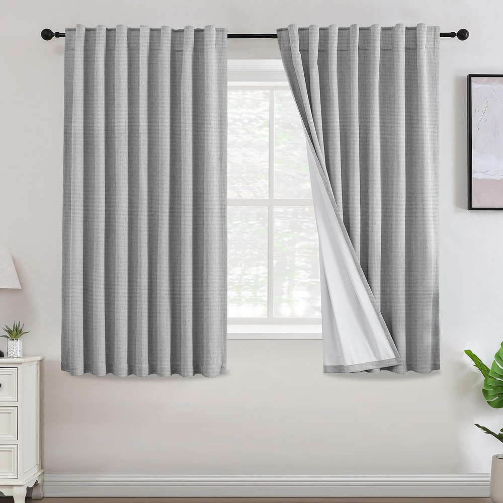 Turquoize 100% Blackout Linen Curtains 63 Inch Length Chenille Curtains 100% Light Blocking Thermal Curtains for Living Room Bedroom Linen Black Out Drapes, 52" W x 63" L, Glacier Gray(Not Solid)