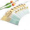 24pcs Mint Green Handle Gold Dinnerware Flatware Set BRIIEC Stainless Steel Cutlery Set Fork Knife Spoon Tableware Set Silverware Set Service for 6 Mirror Polished, Dishwasher Safe view 1
