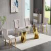 Henf 5 Piece Glass Dining Table Set with 4 Tufted Dining Chairs, Kitchen Table and Chairs Set for 4, 70'' Dining Room Table with Gold Stainless Steel Base, Tempered Glass Top Dining Table Set for 4 view 1