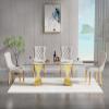Henf 5 Piece Glass Dining Table Set with 4 Tufted Dining Chairs, Kitchen Table and Chairs Set for 4, 70'' Dining Room Table with Gold Stainless Steel Base, Tempered Glass Top Dining Table Set for 4 view 3