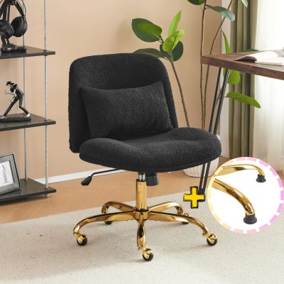 VINGLI Wide Criss Cross Legged Office Chair,Buttprint Ergonomic Desk Chair Comfy with Pillow&Gold Base,Dual-Use with/no Wheels,Adjustable Vanity Swivel Chair for Bedroom,Home Office,Teddy Fleece,Black