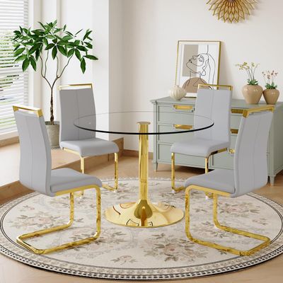 40'' Round Dining Table Set for 4, Glass Kitchen Table Chairs Set of 4, Small Dining Table with Golden Electroplated Metal Leg and Base, 4 PU Dining Chairs with Metal Legs, for Kitchen, Dining Room.