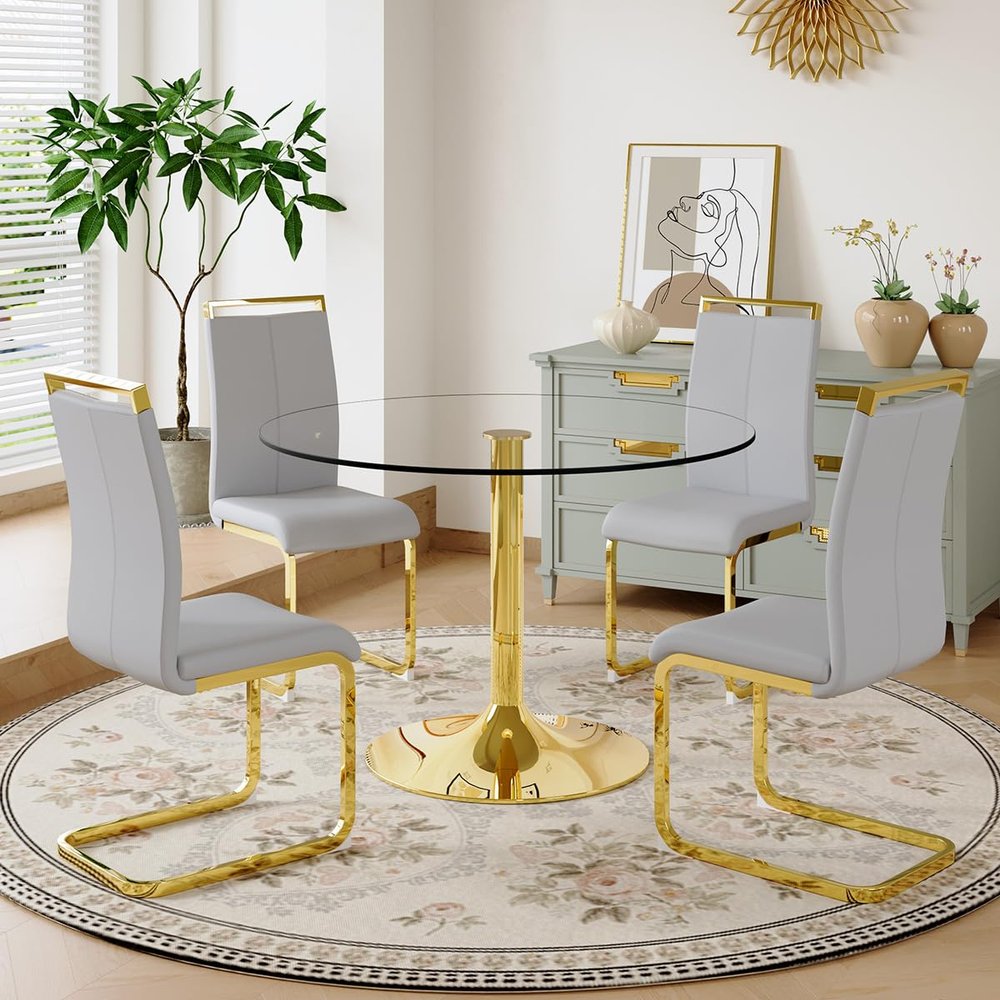 40'' Round Dining Table Set for 4, Glass Kitchen Table Chairs Set of 4, Small Dining Table with Golden Electroplated Metal Leg and Base, 4 PU Dining Chairs with Metal Legs, for Kitchen, Dining Room.