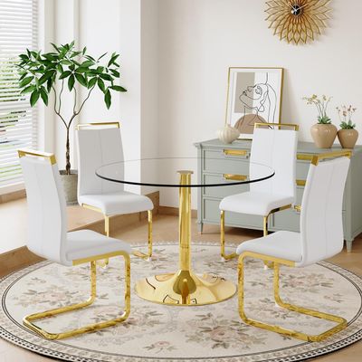 40'' Round Dining Table Set for 4, Glass Kitchen Table Chairs Set of 4, Small Dining Table with Golden Electroplated Metal Leg and Base, 4 PU Dining Chairs with Metal Legs, for Kitchen, Dining Room.