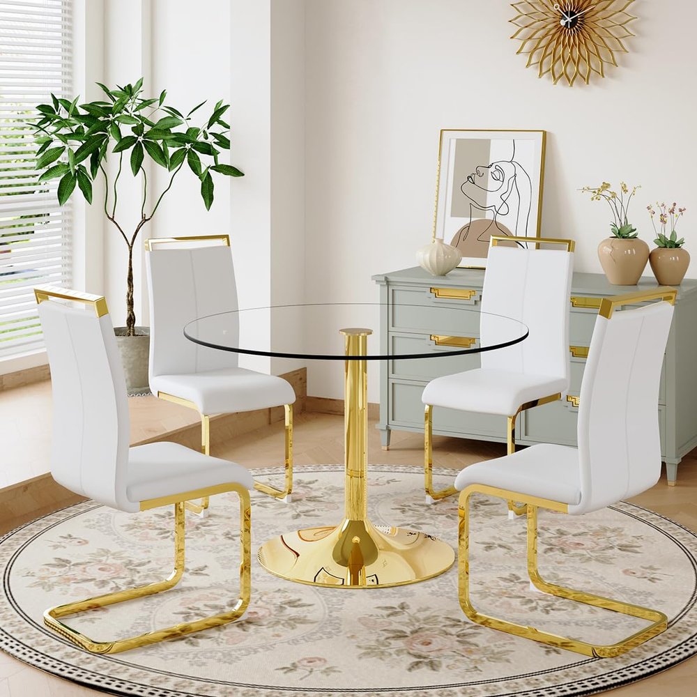 40'' Round Dining Table Set for 4, Glass Kitchen Table Chairs Set of 4, Small Dining Table with Golden Electroplated Metal Leg and Base, 4 PU Dining Chairs with Metal Legs, for Kitchen, Dining Room.