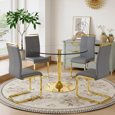 40'' Round Dining Table Set for 4, Glass Kitchen Table Chairs Set of 4, Small Dining Table with Golden Electroplated Metal Leg and Base, 4 PU Dining Chairs with Metal Legs, for Kitchen, Dining Room.