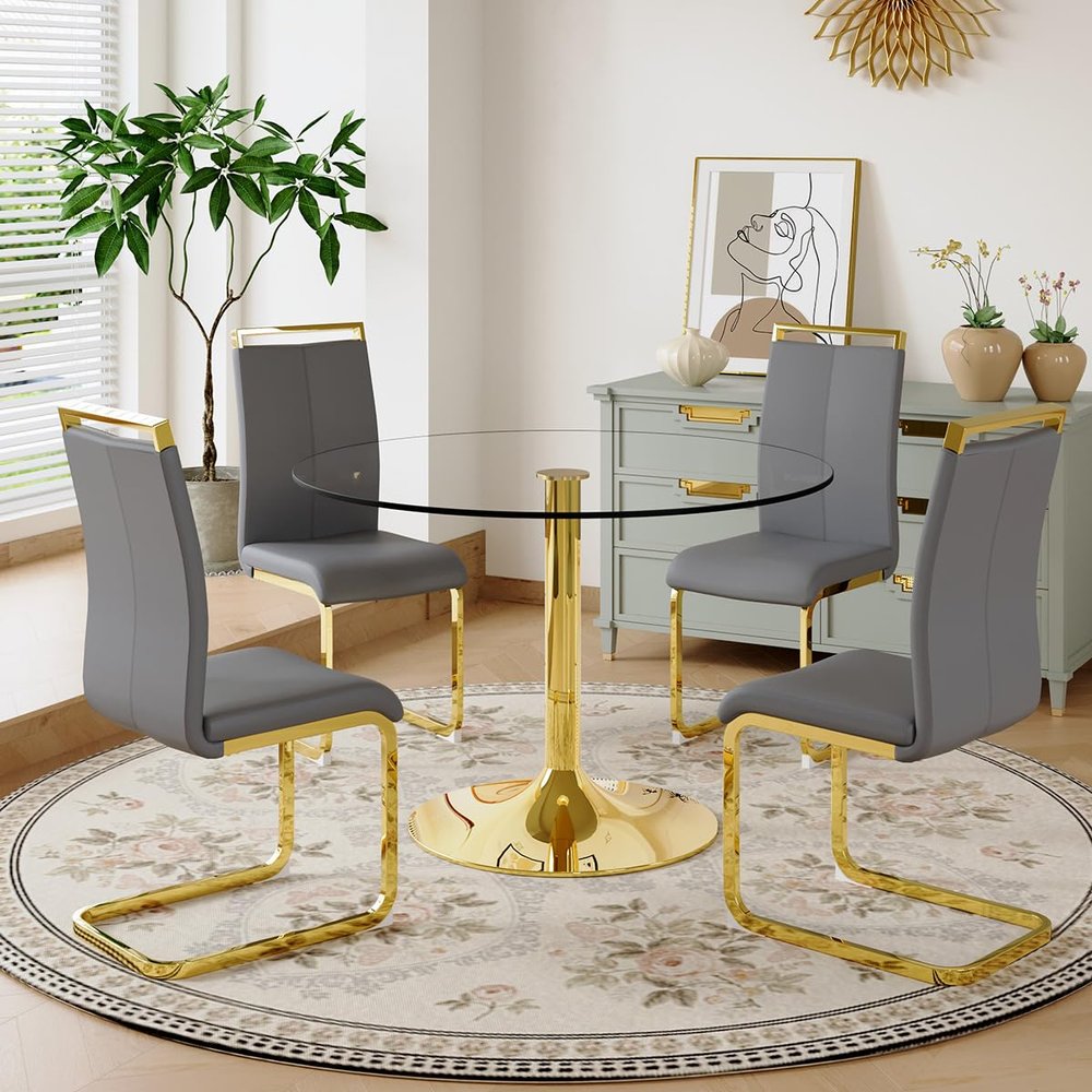 40'' Round Dining Table Set for 4, Glass Kitchen Table Chairs Set of 4, Small Dining Table with Golden Electroplated Metal Leg and Base, 4 PU Dining Chairs with Metal Legs, for Kitchen, Dining Room.