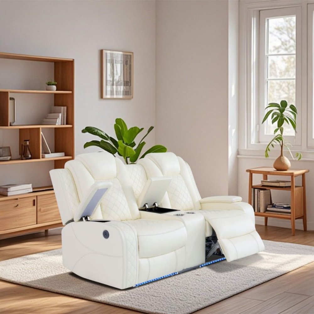 UOCFYK Electric Power Recliner Loveseat Set Living Room Furniture, Comfy Home Theater Breathing Leather Seating with USB 2.0 Charging Ports, LED Light Strips, Mid Console and Cupholders (White)
