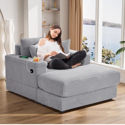 ONEMMLION Oversized Chaise Longue Chair Indoor with USB Charging Ports&Cup Holder, 42" W Corduroy Upholstered Deep Seat Sofa Couch with Ottoman, Comfy Reclining Reading Chair for Living Room, Grey