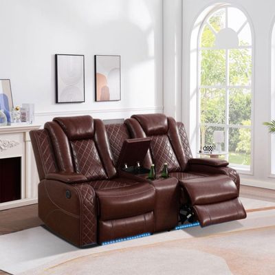 UOCFYK Electric Power Recliner Loveseat Set Living Room Furniture, Comfy Home Theater Breathing Leather Seating with USB 2.0 Charging Ports, LED Light Strips, Mid Console and Cupholders (Red)