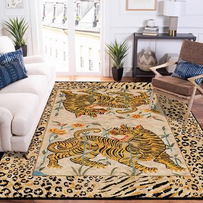 Vintage Tibetan Yellow Tiger Rug for Living Room Boho Leopard Print Rug 6x9 ft Animal Print Area Rug for Bedroom Tiger Carpet Non-Slip Washable Mat