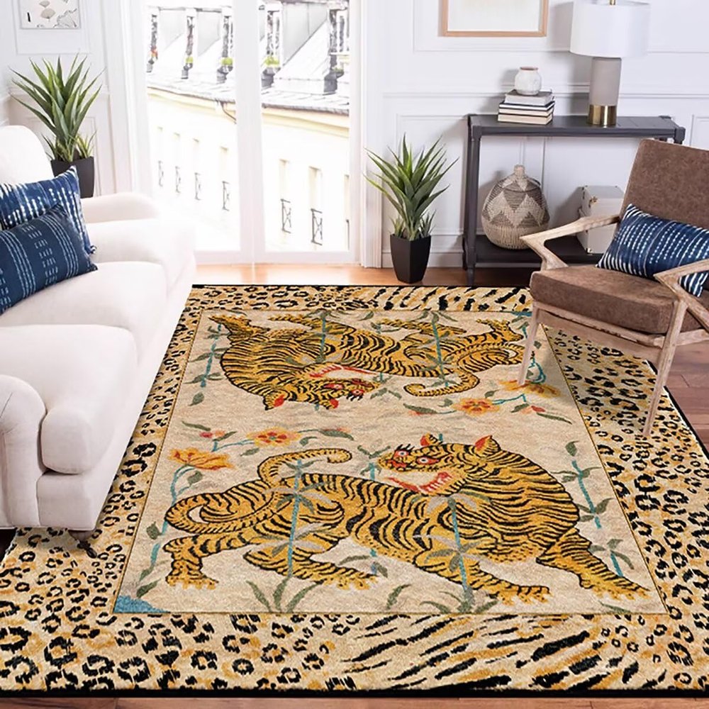 Vintage Tibetan Yellow Tiger Rug for Living Room Boho Leopard Print Rug 6x9 ft Animal Print Area Rug for Bedroom Tiger Carpet Non-Slip Washable Mat