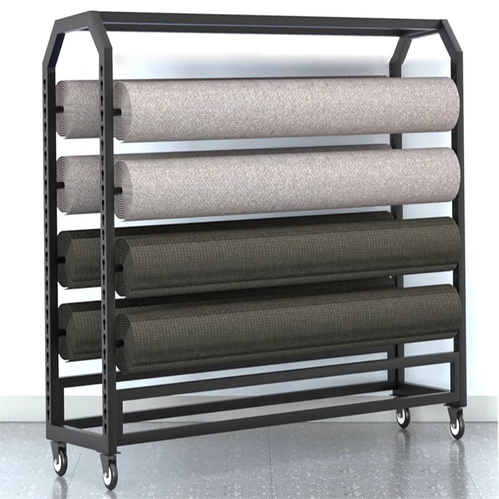 GEeLky Commercial Fabric Roll Storage Rack with Adjustable Hanging Rod, Movable Heavy Duty Steel Organizer Holder with Wheels for Vinyl Spool/Leather Roll/Window Film/Wallpaper Displays(130cm,8 rods)