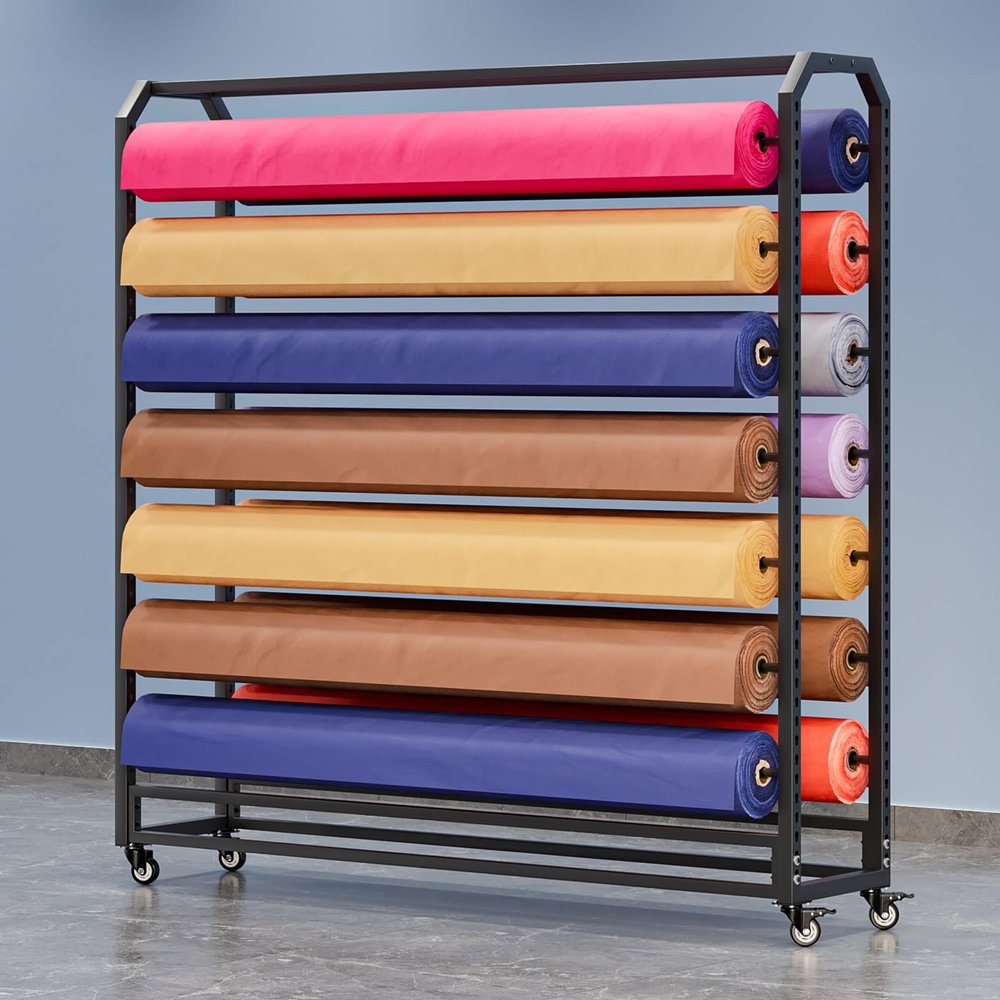 Commercial Fabric Roll Storage Rack with Adjustable Hanging Rod, Movable Car Color Change Film Organiser Holder with Wheels for Vinyl Rolls/Leather Rolls/Window Film/Wallpaper Displays(130cm,16 rods)