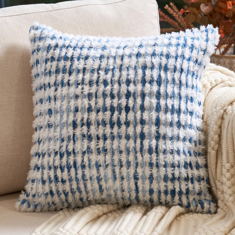 Aeckself Boho Chenille Tufted Pillow Cover 20x20 Inch, Decorative Square Throw Pillow Cover Neutral Pillowcase for Couch Bedroom Living Room, Blue White