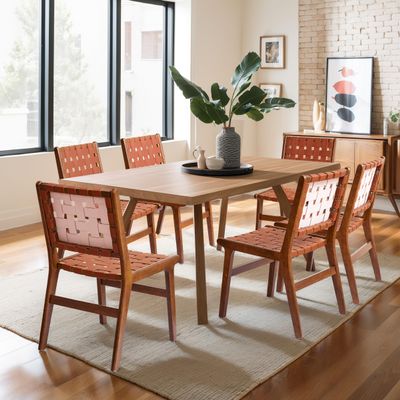 CHUN YI Modern PU Leather Woven Chairs Set of 6, Dining Chairs Side Chairs Armless Solid Wood Accent Chair for Farmhouse Kitchen Dining Room Living Room, Brown