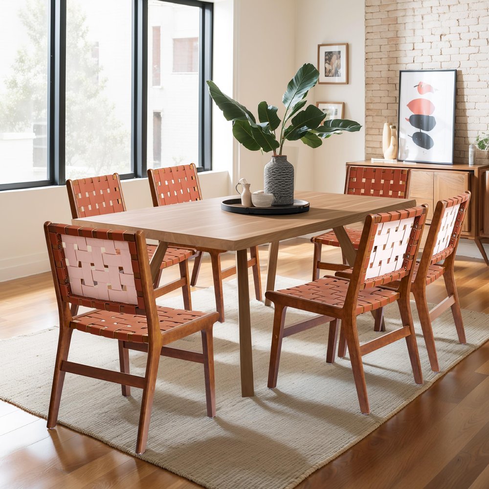 CHUN YI Modern PU Leather Woven Chairs Set of 6, Dining Chairs Side Chairs Armless Solid Wood Accent Chair for Farmhouse Kitchen Dining Room Living Room, Brown