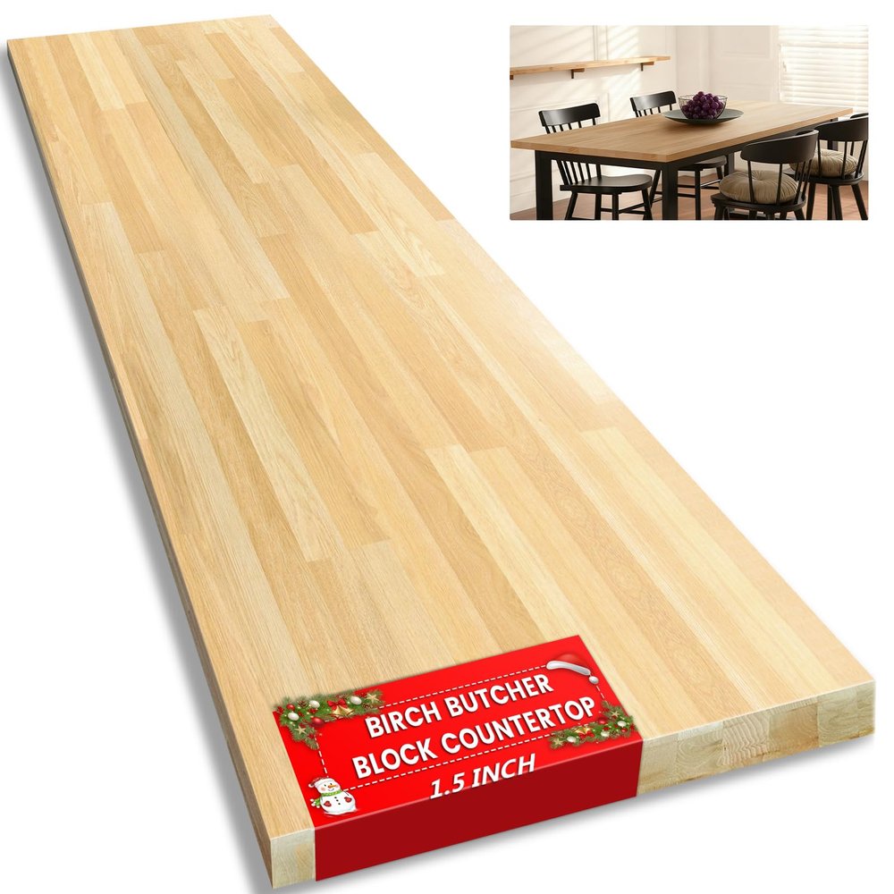 Butcher Block Countertop, Solid Wood Table Top - 5ft Unfinished Birch Work Bench Top Cut to Size for DIY Desktop/Washer Counter/Office Desk/Kitchen Island/Living and Dining Room Tables 60"x25"x1.5"