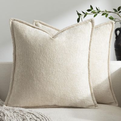 DEZENE Pack of 2 Beige Decorative Throw Pillow Covers 16x16 Cozy Soft Chenille Accent Vintage Square Couch Pillow Covers for Home Decor Bed Sofa Living Room