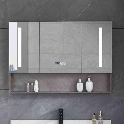 Led Medicine Cabinet Mirror for Bathroom Recessed Medicine Cabinet Rectangle Bathroom Medicine Cabinet 3 Mirrored Doors Wall Mount 3 Colors&Dimmable Clock Defogger for Laundry Living Room(Light gray,9