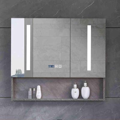 Led Medicine Cabinet Mirror for Bathroom Recessed Medicine Cabinet Rectangle Bathroom Medicine Cabinet 3 Mirrored Doors Wall Mount 3 Colors&Dimmable Clock Defogger for Laundry Living Room(Light gray,8