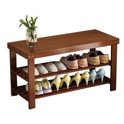 Rishdon Bamboo Shoe Bench, Hallway Shoe Rack Storage Organiser with Seat Carved Stool Seat, 3 Tier Shoe Racks Storage Shelf Organizer, Ideas for Entryway, Living Room(Color:Walnut,Size:69X27X45CM)