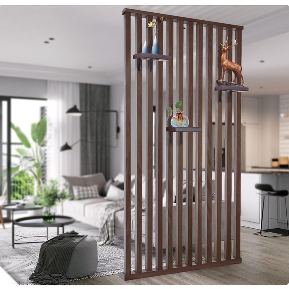 2" x 2" Solid Wood Slats Screen Partition Post, Floor to Ceiling Wall Partition Post Room Divider Adjustable Height, for Home Hotel Office Entrance, No Need to Drill, Walnut(H-150cm/60in,W-50cm/20in)