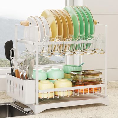 CKKNILV Kitchen Dish Rack Dish Drainer, 2 Tier Dish Drying Rack, Dish Rack for Kitchen Counter, Large Rustproof Sink Drainer Rack with Drip Tray, Utensil Holder, Black Kitchen O
