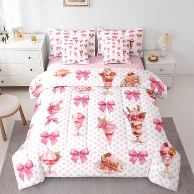 Sweet Dessert 7 Pieces Bedding Set King,Strawberry Ice-Cream Cherry Cake Bed in a Bag for Adults,Princess Bowknot French Style Pink Polka Dots Comforter Set with Sheets,Pillow Covers