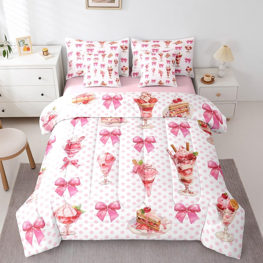 Sweet Dessert 7 Pieces Bedding Set King,Strawberry Ice-Cream Cherry Cake Bed in a Bag for Adults,Princess Bowknot French Style Pink Polka Dots Comforter Set with Sheets,Pillow Covers
