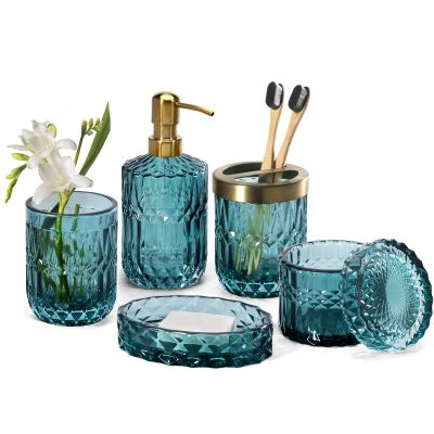 EMPO 6PCS Bathroom Clear Glass Accessories Set (Lotion Soap Dispenser, Soap Dish, Toothbrush Holder, Tumbler, Cotton Swab Jar), Contemporary Modern Decor Crystal Vintage Gift (6pcs Ocean Teal Blue)