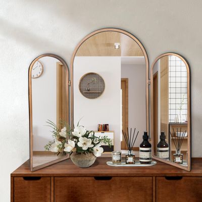 BAODANFU 3 Way Mirror Bathroom, Trifold Vanity Mirrors for Bathroom Bedroom, Large Arch Mirrors Decorative Vintage Gold, Adjustable Makeup Mirror for Braiding Hair 360 Way Tabletop & Wall Mounted