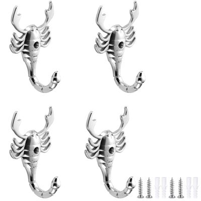 ZJkHAOJ Coat Hooks for Wall 4 Pack Small Animal Hook Decorative Wall Hook Bright Silver Zinc Alloy Coat Hook Suitable for Bedroom Living Room Bathroom Kitchen (NO.178)(Scorpion 90mm)
