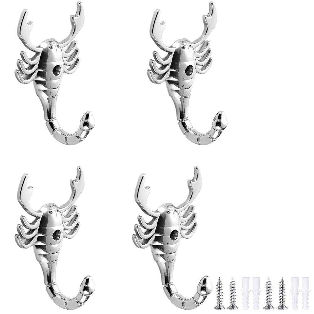 ZJkHAOJ Coat Hooks for Wall 4 Pack Small Animal Hook Decorative Wall Hook Bright Silver Zinc Alloy Coat Hook Suitable for Bedroom Living Room Bathroom Kitchen (NO.178)(Scorpion 90mm)