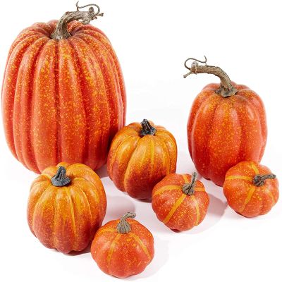 HELLORSO 7Pcs Artificial Pumpkins Faux Foam Fall Harvest Pumpkin Halloween Thanksgiving Decorations Indoor for Home, Lifelike Simulation Foam Pumpkins Set Fall Harvest Home Party Supplies (Orange)