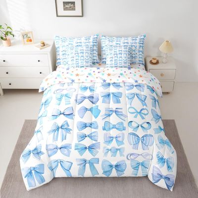 Feelyou Blue Bowknot Comforter Set 7 Pieces Dreamy Princess Style Bedding Set Full Size Bedroom Decor Girly Cute Bow Bed in a Bag Kawaii Bow-tie Bed Set with Comforter, Sheet Set, Pillowcases